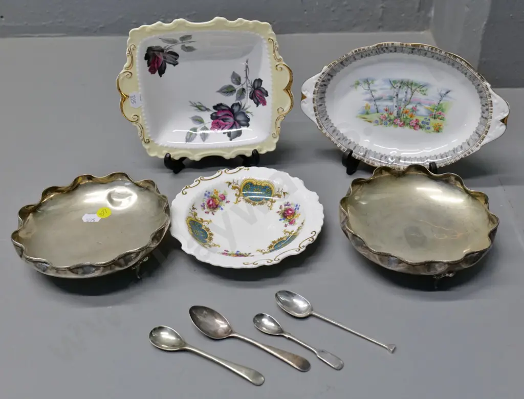 3 Royal Albert biscuit plates, pair scalloped-rim bowls (marked 800?) one dented, D-140 and 4 teaspoons, 2 are sterling Image 1++