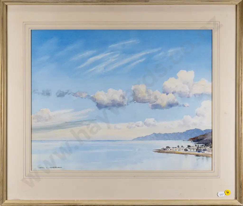 John L Raeburn - framed watercolour - coastal scene (foxing to surround) H-355 W-450 Image 1++