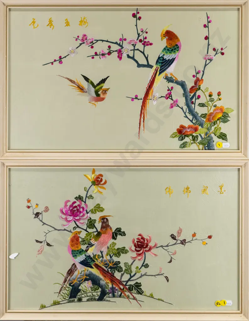 2 framed oriental needleworks on silk (creasing to silk) Each H-330 W-530 Image 1++