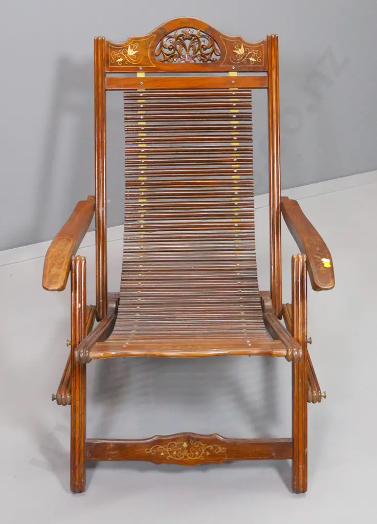 pair of Indian carved rosewood with brass inlay adjustable back slat-seat lounge/steamer chairs H800 W640 D1000 Image 1++