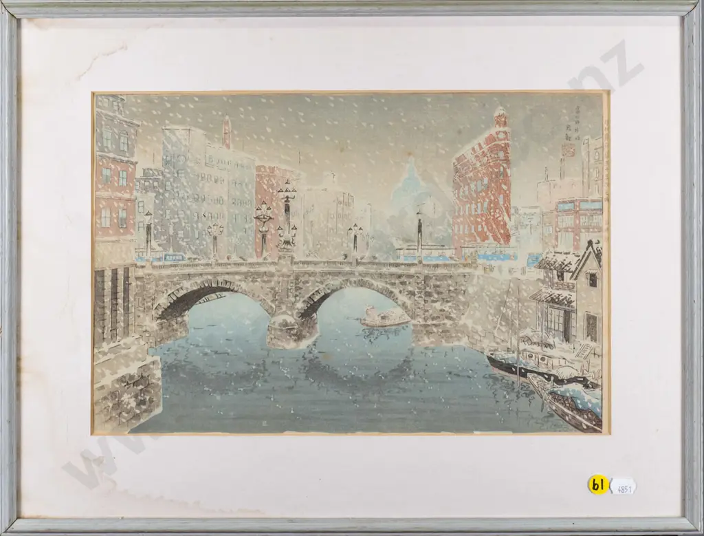 framed Japanese woodblock print - winter scene (slight foxing and staining to surround) H-240 W-360 Image 1++