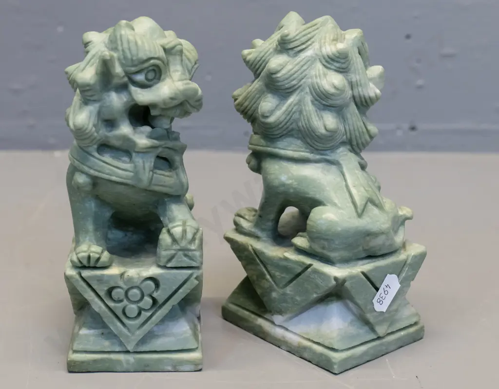 pair of carved mottled light green & white stone food dogs H-150 Image 1++
