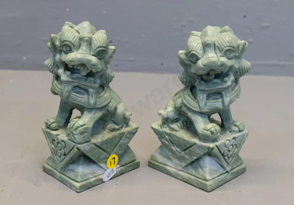 pair of carved mottled light green & white stone food dogs H-150 Image 1++