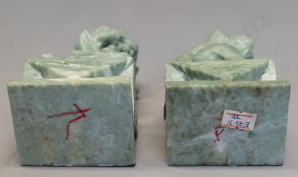 pair of carved mottled light green & white stone food dogs H-150 Image 1++