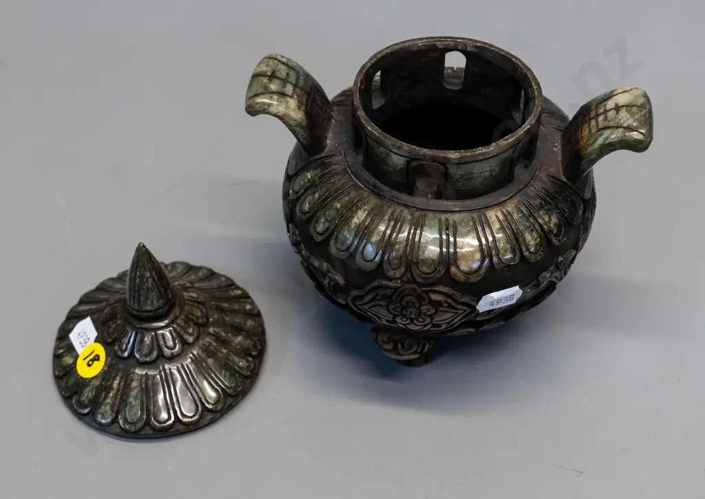 carved dark green polished stone lidded vessel / incense burner H-180 W-160 across handles Image 1++