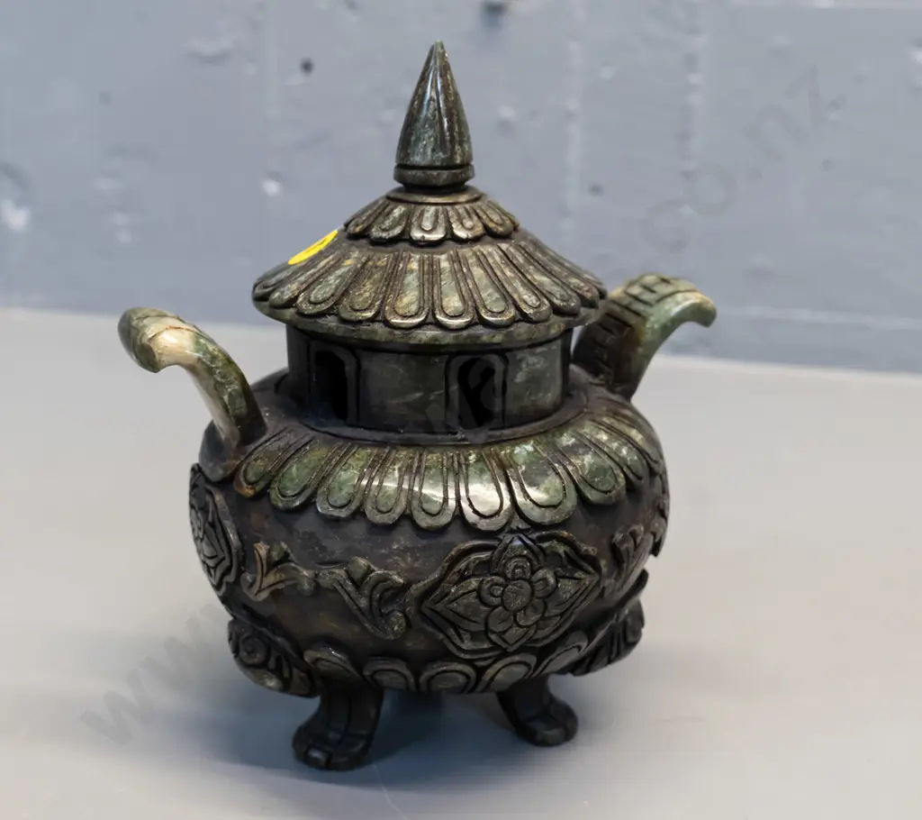 carved dark green polished stone lidded vessel / incense burner H-180 W-160 across handles Image 1++