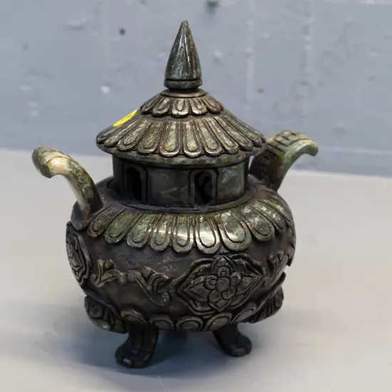 carved dark green polished stone lidded vessel / incense burner H-180 W-160 across handles