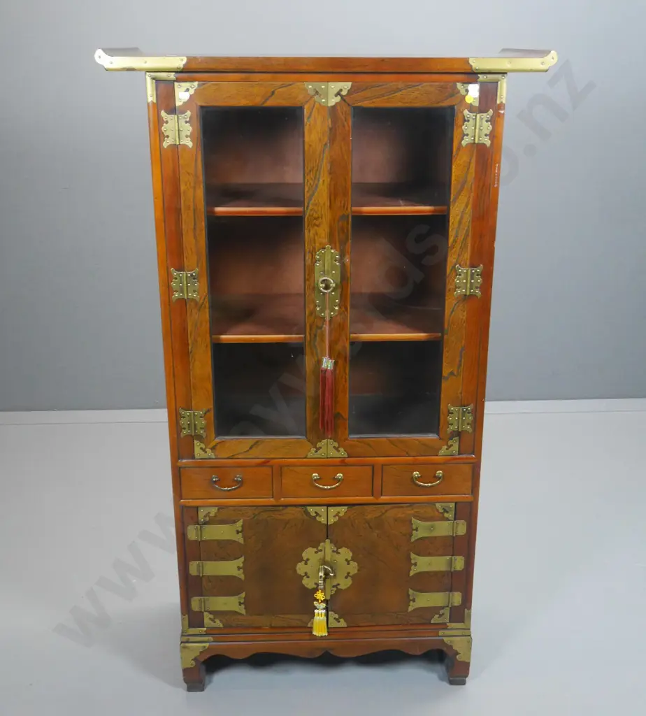 Korean (elm?) display cabinet w/brass hinges, brackets & handles, 2 glazed & 2 solid doors, 3 drawers H1370 W800 D370 Image 1++