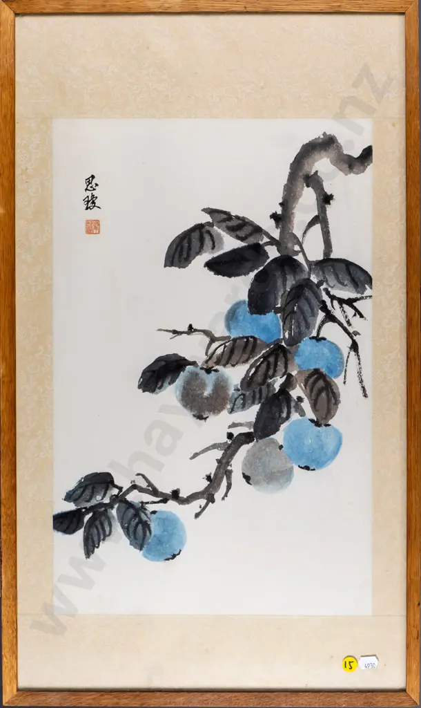 framed oriental watercolour (slight foxing) H-630 W-360 Image 1++