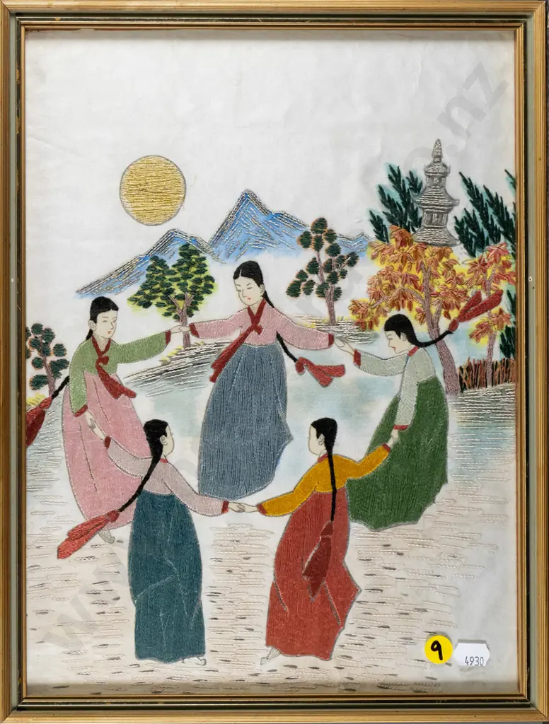 framed Japanese needlework - women dancing H-330 W-240 Image 1++