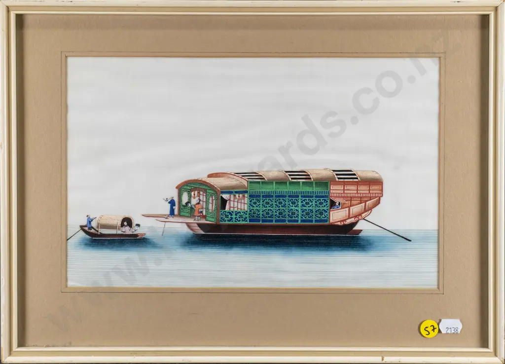 framed Chinese watercolour on rice paper - people and boats (warping to paper) H-180 W-280 Image 1++