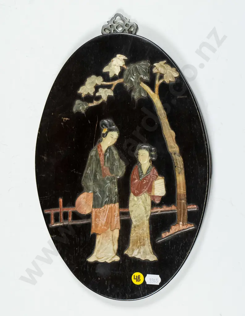oval wooden panel with soapstone inlay - females under tree (slight scratching to wood) H-300 W-200 Image 1++