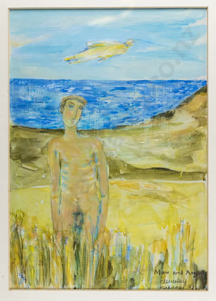 Peter Cleverley Kakanui '87 - framed acrylic on board - man & angel H-290 W-220 Image 1++