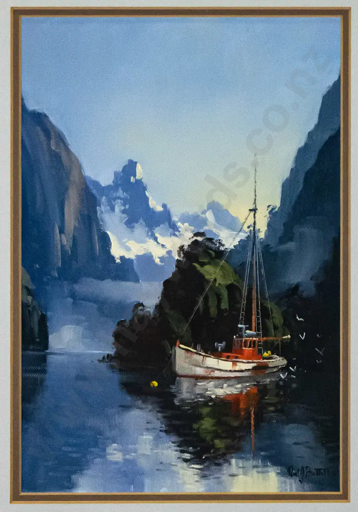 Neil J Bartlett - framed oil "Fishing Boat at Milford Sound" H-290 W-200 Image 1++