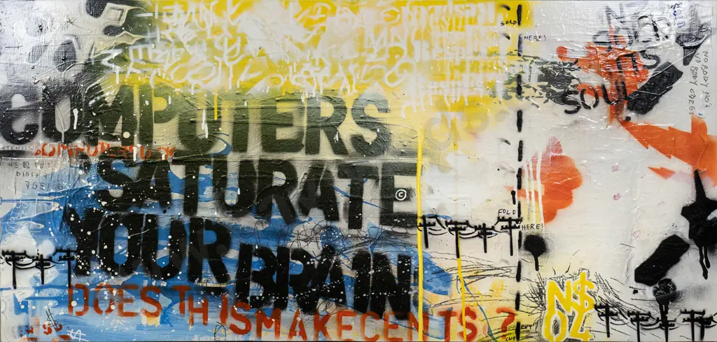 Nathan Shaw 2004   - acrylic on plywood panel "Computers Saturate Your Brain" H-550 W-1150 Image 1++