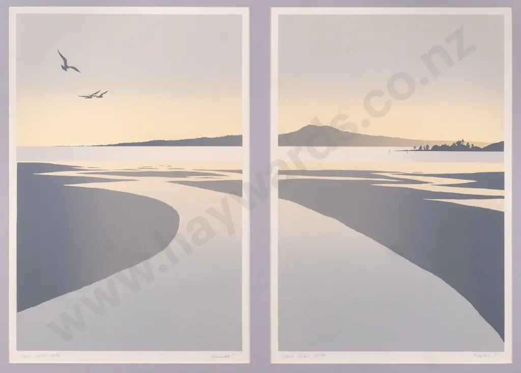 Laurie Leitch - framed screenprints 43/50 "Rangitoto I" Rangitoto II" Overall H-430 W-620 Image 1++