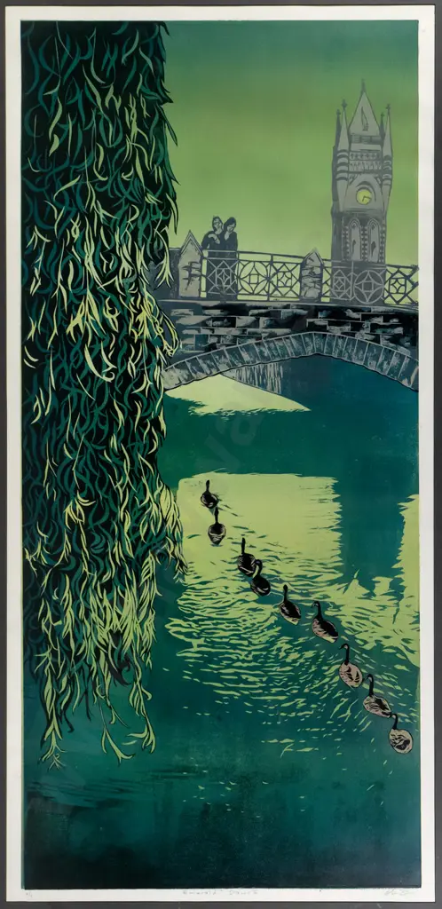Manu Berry - framed woodcut print 4/5 "Emerald Dawn II" H-1300 W-600 Image 1++