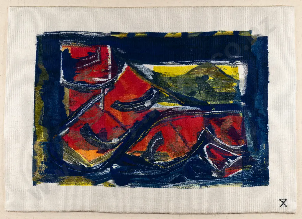 Jan Wilson framed painting on woven background - abstract H-350 W-520 Image 1++