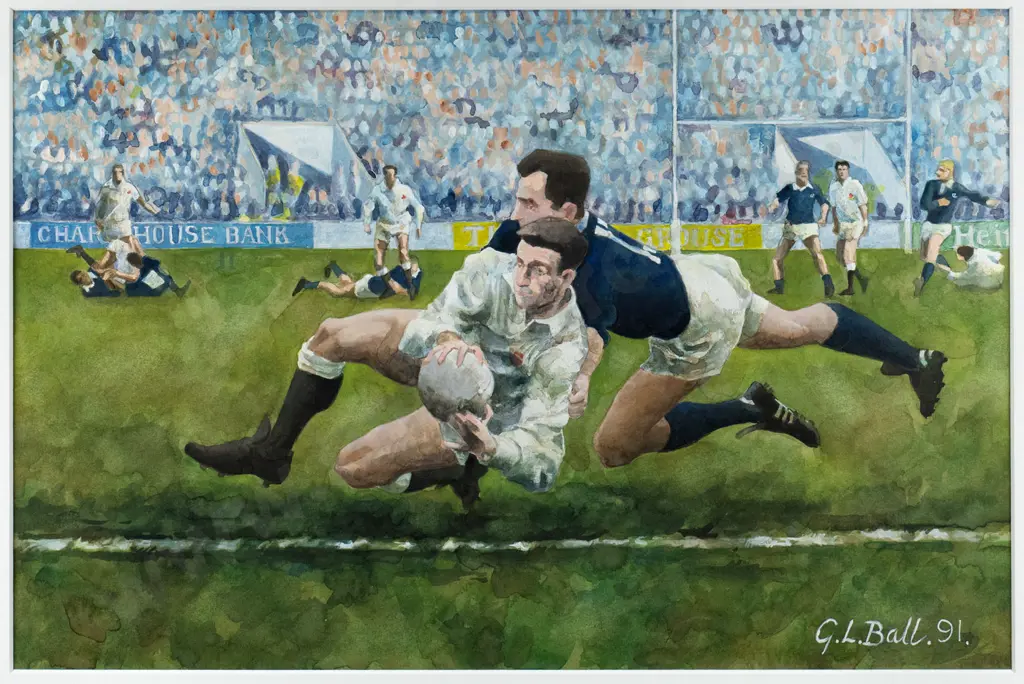 G Ball '91 - framed watercolour "England vs Scottland Calcutta Cup" H-300 W-450 Image 1++