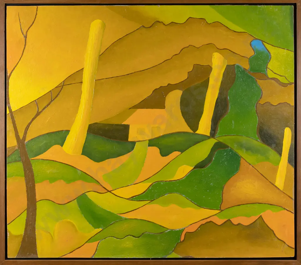 Ivan Hill 1974 - framed oil on board - Maungatua Mountains from Lee Stream 1974 H-460 W-530 Image 1++