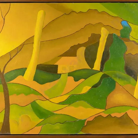 Ivan Hill 1974 - framed oil on board - Maungatua Mountains from Lee Stream 1974 H-460 W-530