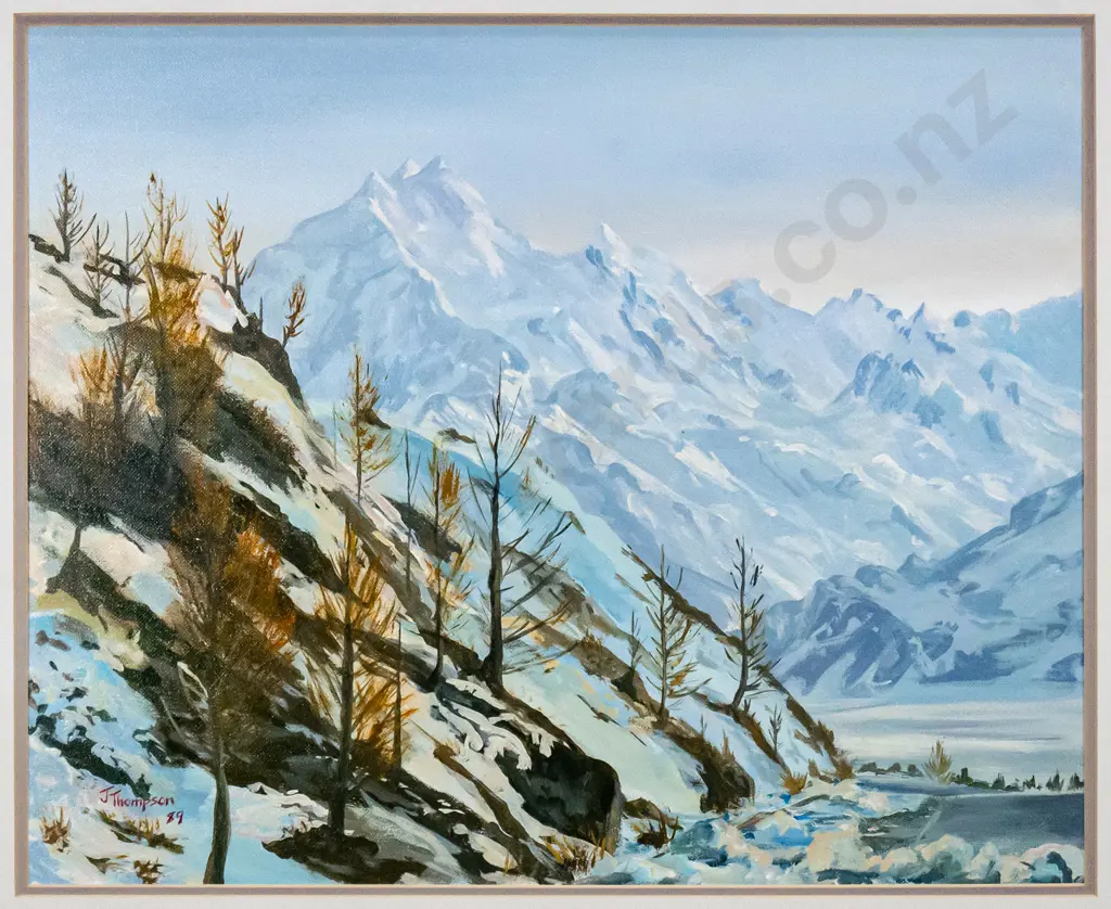 J Thompson '89 - framed oil - lake and mountain scene H-400 W-490 Image 1++
