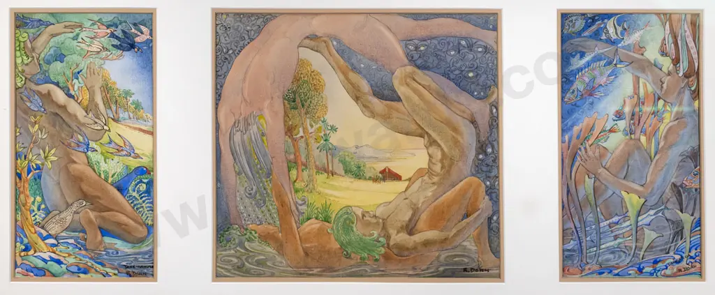 Robert Dunn - framed triptych watercolours "Tangaroa" "The Creation" "Tanemahuta" H-270 W-710 Image 1++