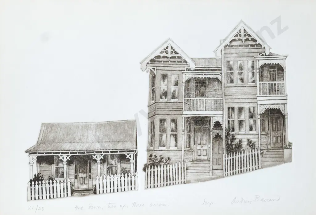 Audrey Bascand - framed etching 21/25 "One down, two, up three across" H-295 W-430 Image 1++