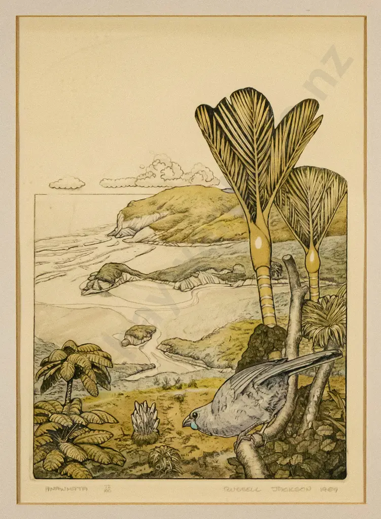 Russell Jackson 1989 - framed etching 'Anawhata" H-320 W-220 Image 1++