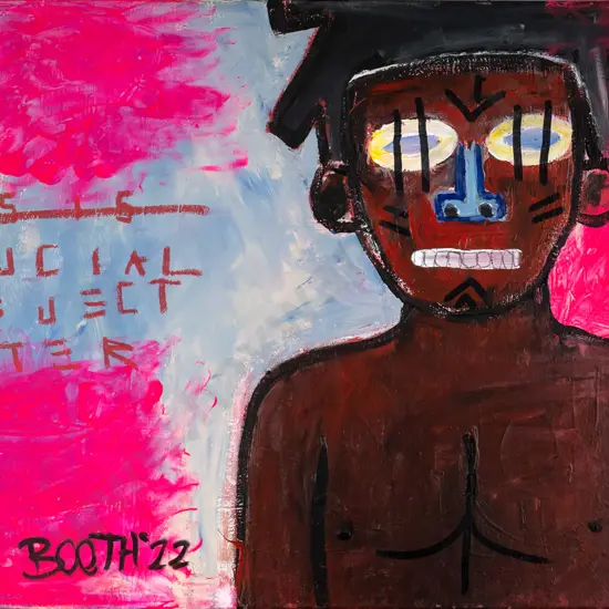 Elijah Booth '22 - boxed acrylic on canvas ""Crucial Subject Matter" H-510 W-760