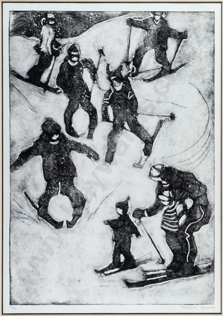 Pauline Bellamy - framed etching 19/50 -  Skiers H-400 W-280 (frame needs attention) Image 1++