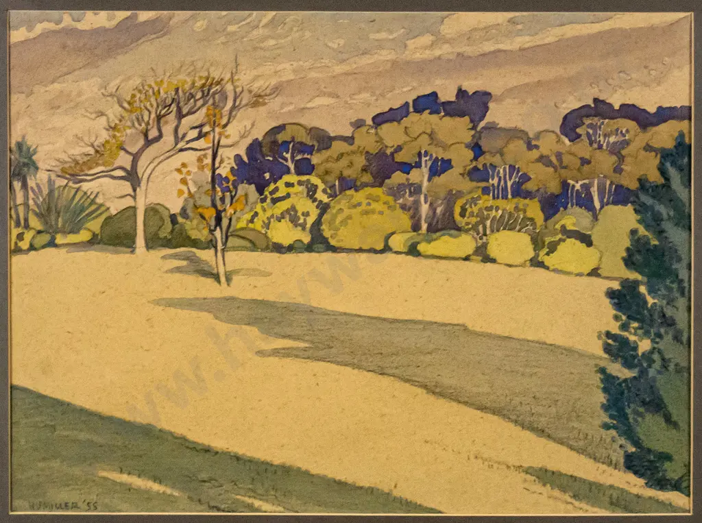 HV Miller - framed watercolour and pencil - clearing at Botanic Gradens H-270 W-360 Image 1++