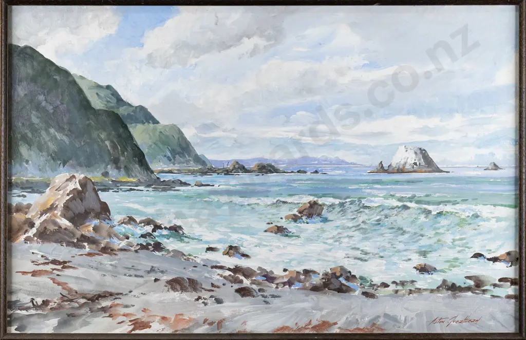 Aston Greathead - framed watercolour "Barney's Rock Kaikoura Coast" H-270 W-430 Image 1++