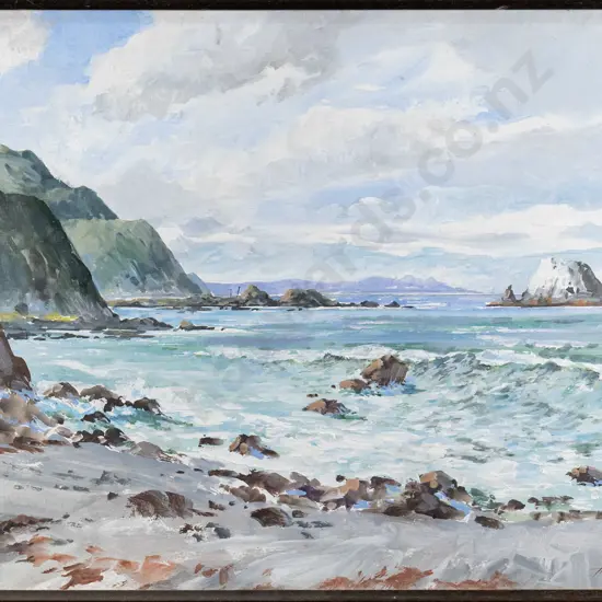 Aston Greathead - framed watercolour "Barney's Rock Kaikoura Coast" H-270 W-430