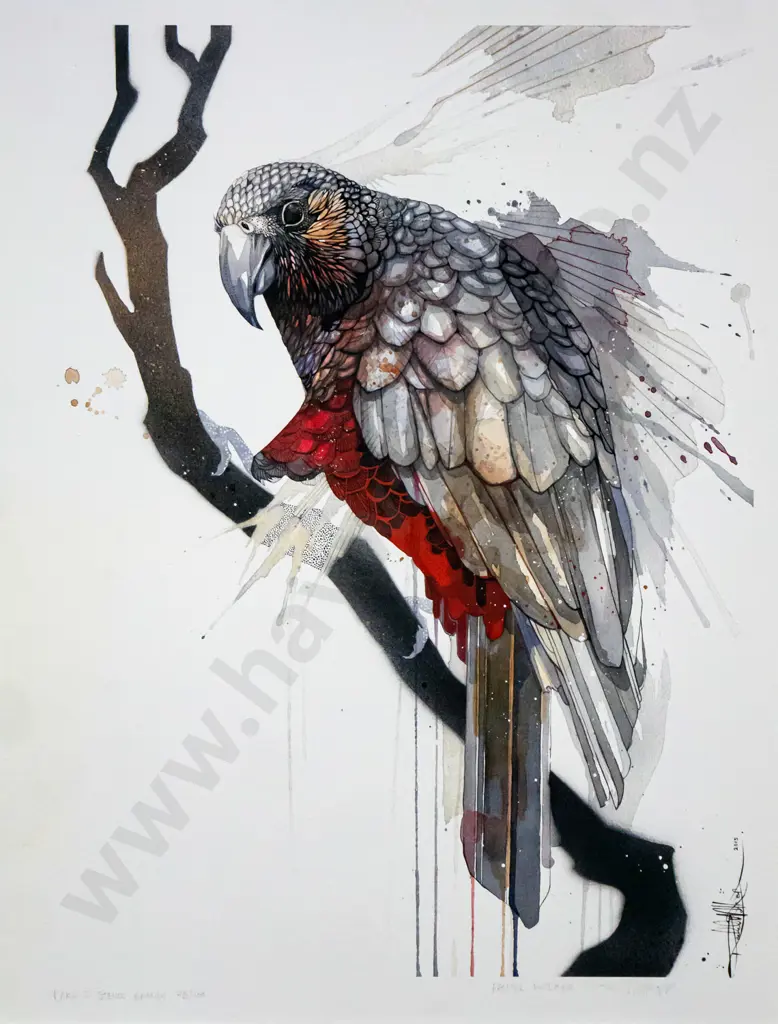 Rachel Walker 2015 - mounted ltd edition print 78/100 "Kaka with stencil branch" H-450 W-340 Image 1++