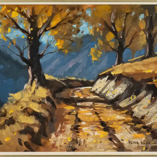 Peter Beadle - framed oil "Autumn Lane Road to the Branches Beyond Skippers" H-290 W-400
