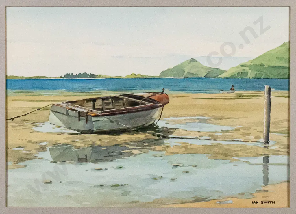 Ian Smith - framed watercolour "Low Tide Otakou" H-240 W-340 Image 1++
