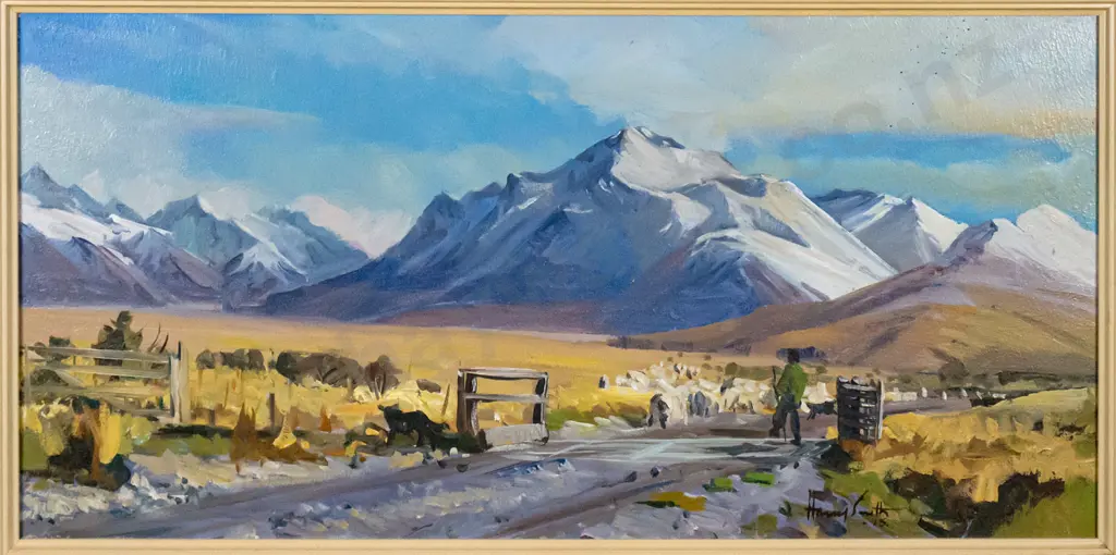 Henry Smith '75 - framed oil  "Godwen Peaks Station , Lake Tekapo"  (some fly spots) H-260 W-520 Image 1++