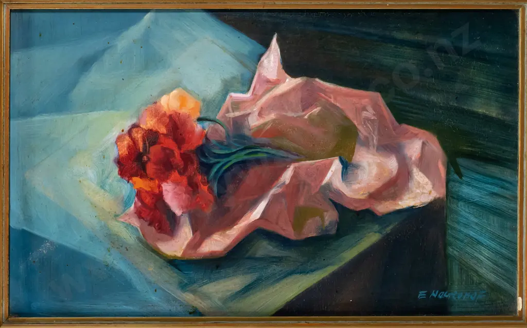 Els Noordhof - framed oil - still life flowers H-270 W-450 (some aging, slight damage to frame) Image 1++