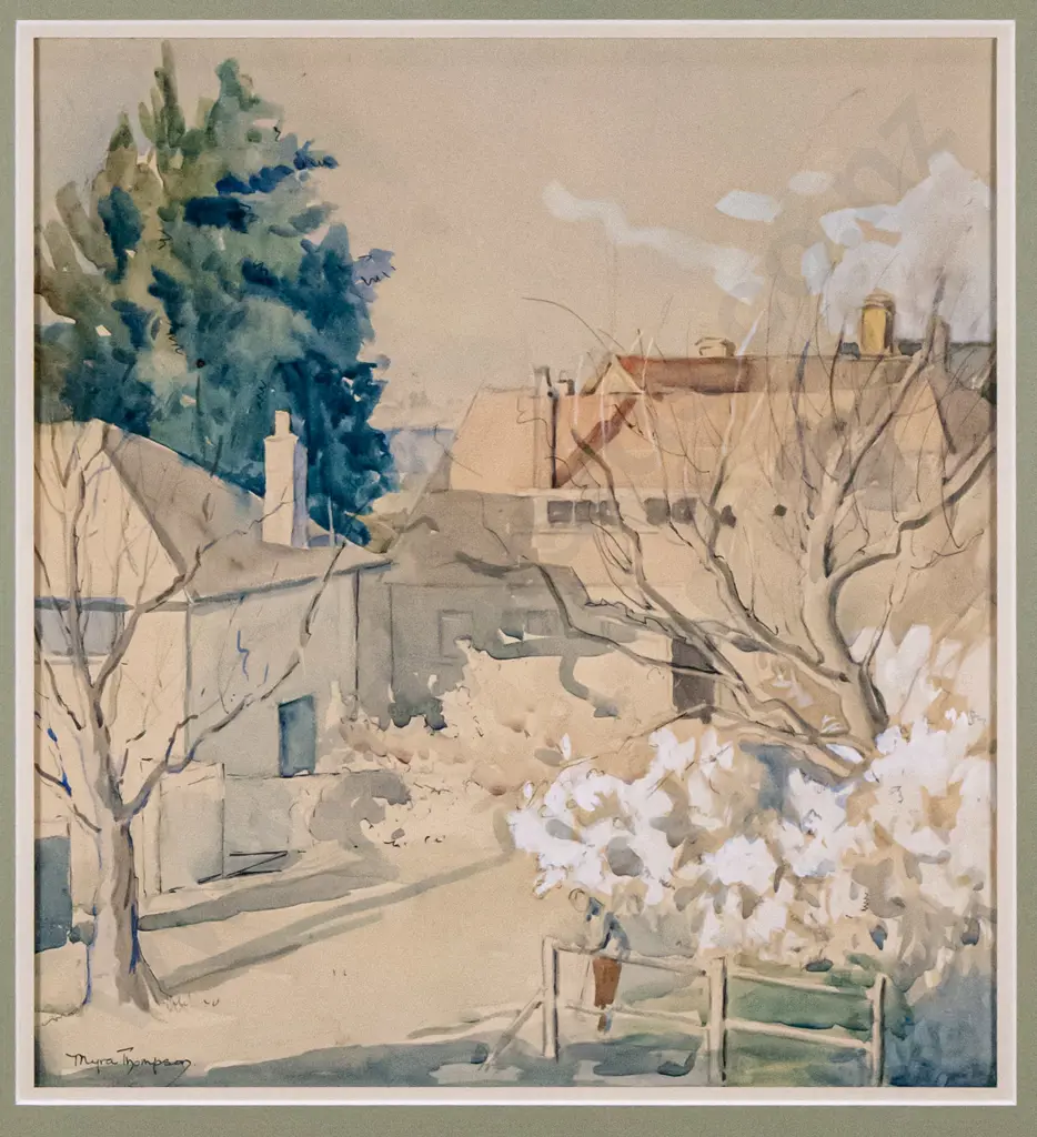 Myra Thompson - framed ink and watercolour - houses amongst trees H-310 W-280 Image 1++