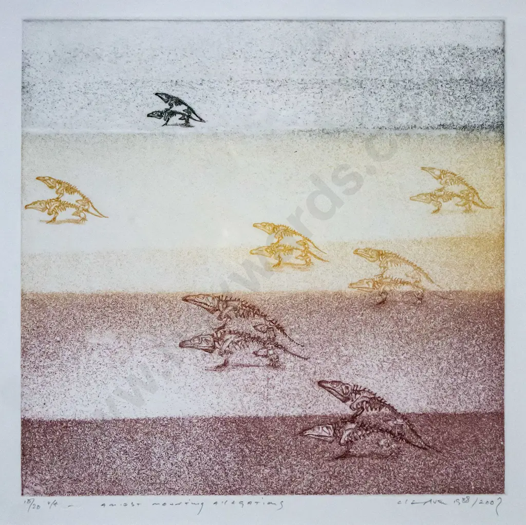 Barry Cleavin 2007 - framed etching 18/20 "Amidst Mounting Alligators" H-250 W-250 Image 1++
