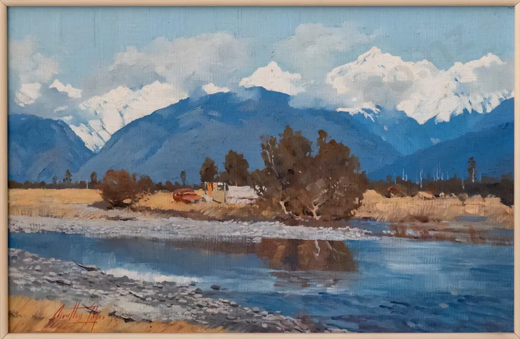 Charlton Edgar '73 - framed oil "To Mount Cook from Clearwater Fiord, West Coast" H-235 W-360 Image 1++