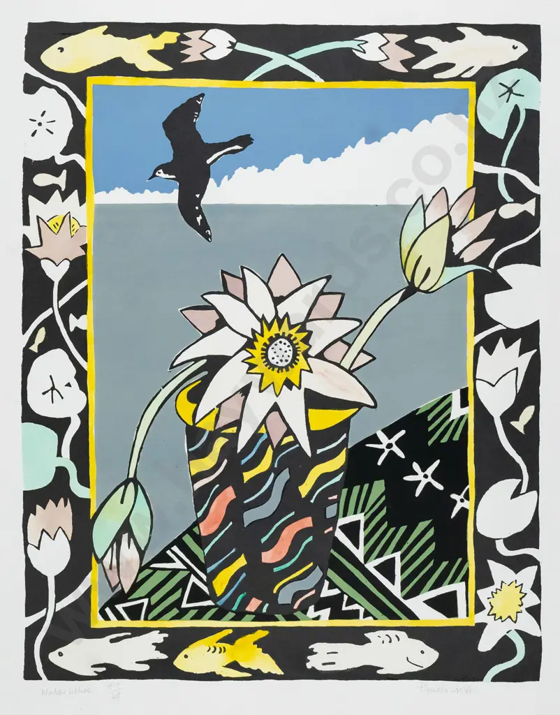 Pamela Wolfe - mounted screenprint 47/49  - flowers in vase and wildlife H-580 W-460 Image 1++