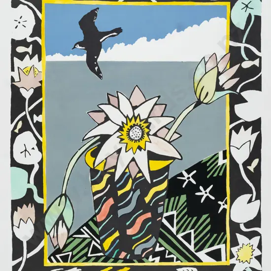 Pamela Wolfe - mounted screenprint 47/49  - flowers in vase and wildlife H-580 W-460