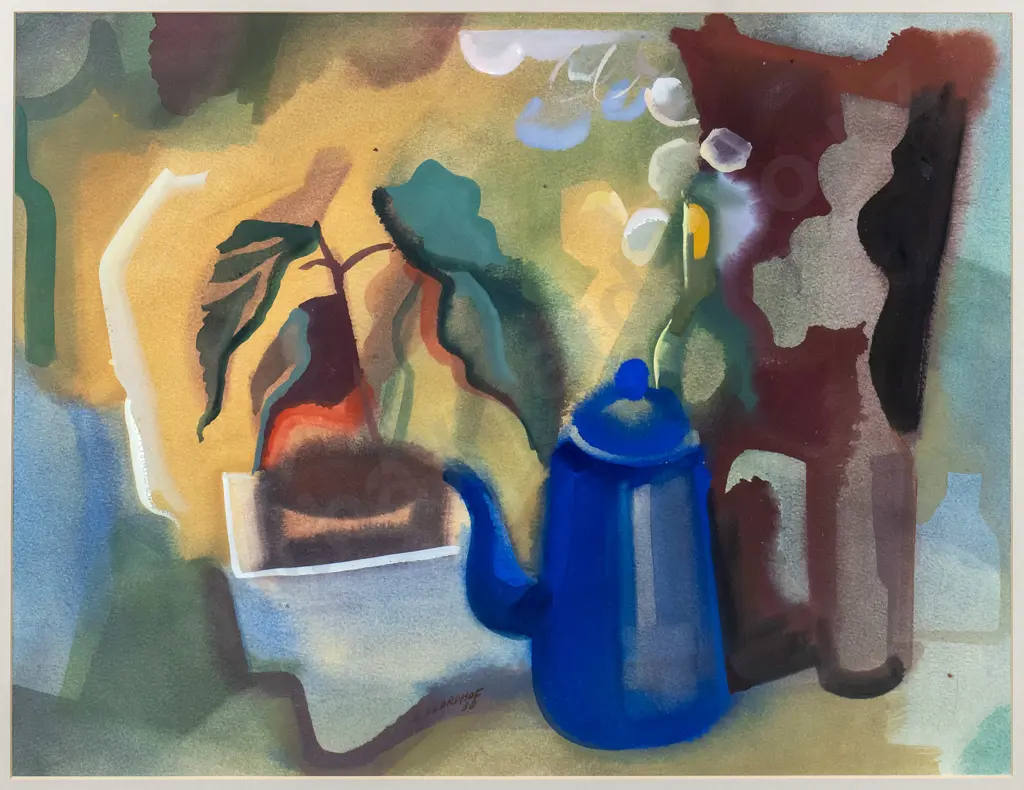 Els Noordhof  '86 - framed watercolour -still life blue coffee pot- H-450 W-590 Image 1++