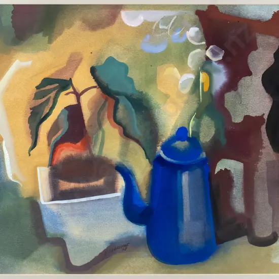 Els Noordhof  '86 - framed watercolour -still life blue coffee pot- H-450 W-590