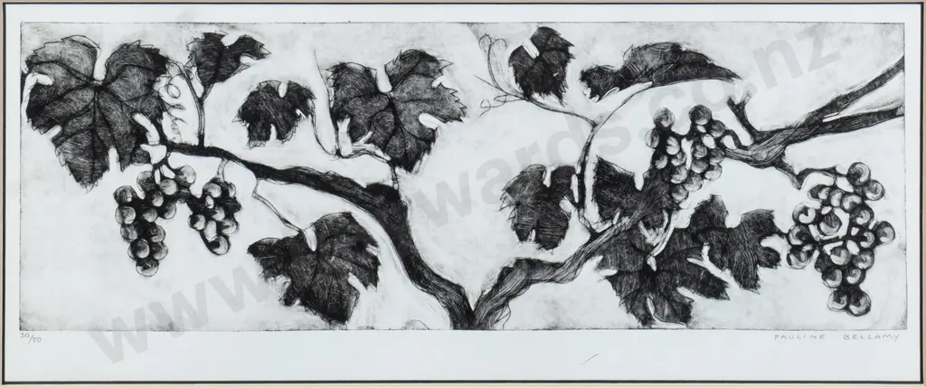 Pauline Bellamy - framed etching 30/50 -  Grapevine H-170 W-500 (frame  needs attention) Image 1++