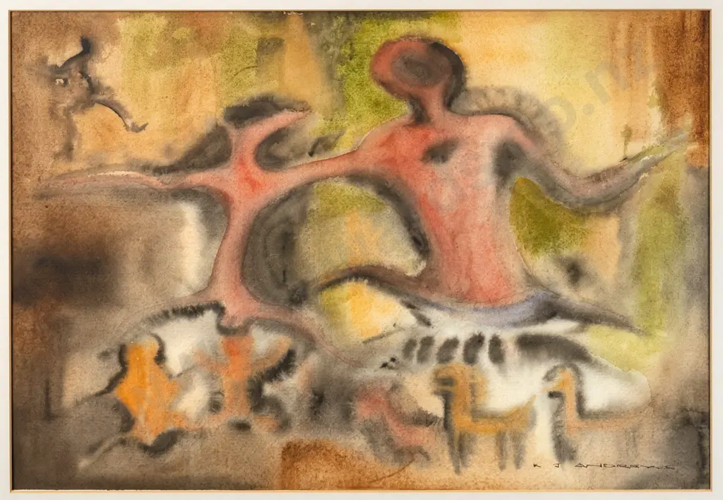 KJ Andrews - framed watercolour "Maori rock art motif" H-370 W-540 Image 1++