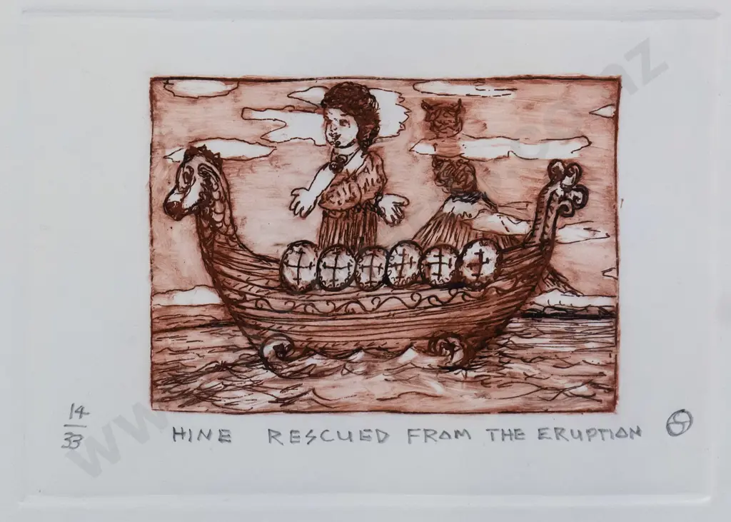 Eion Shanks 2018  - mounted etching 14/33 "Hine Rescued From The Eruption" H-115 W-150 Image 1++