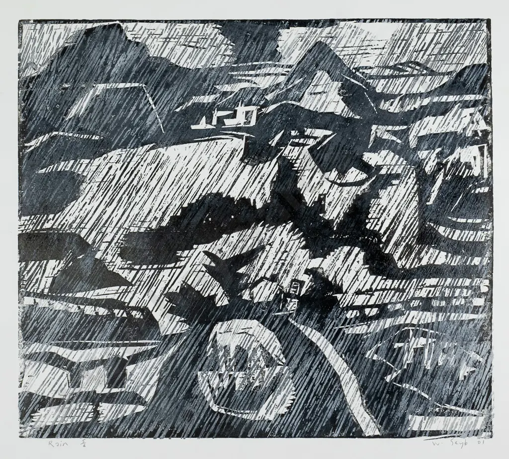 Wayne Seyb 2001 - mounted woodcut print 5/6  "Rain" H-470 W-530 Image 1++